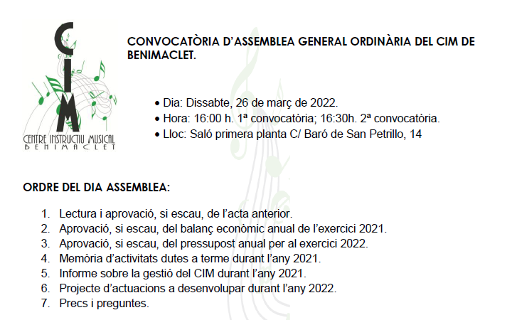 Assemblea General Ordinària del CIM de Benimaclet, dissabte 26 de març de 2022, 16.00 h.